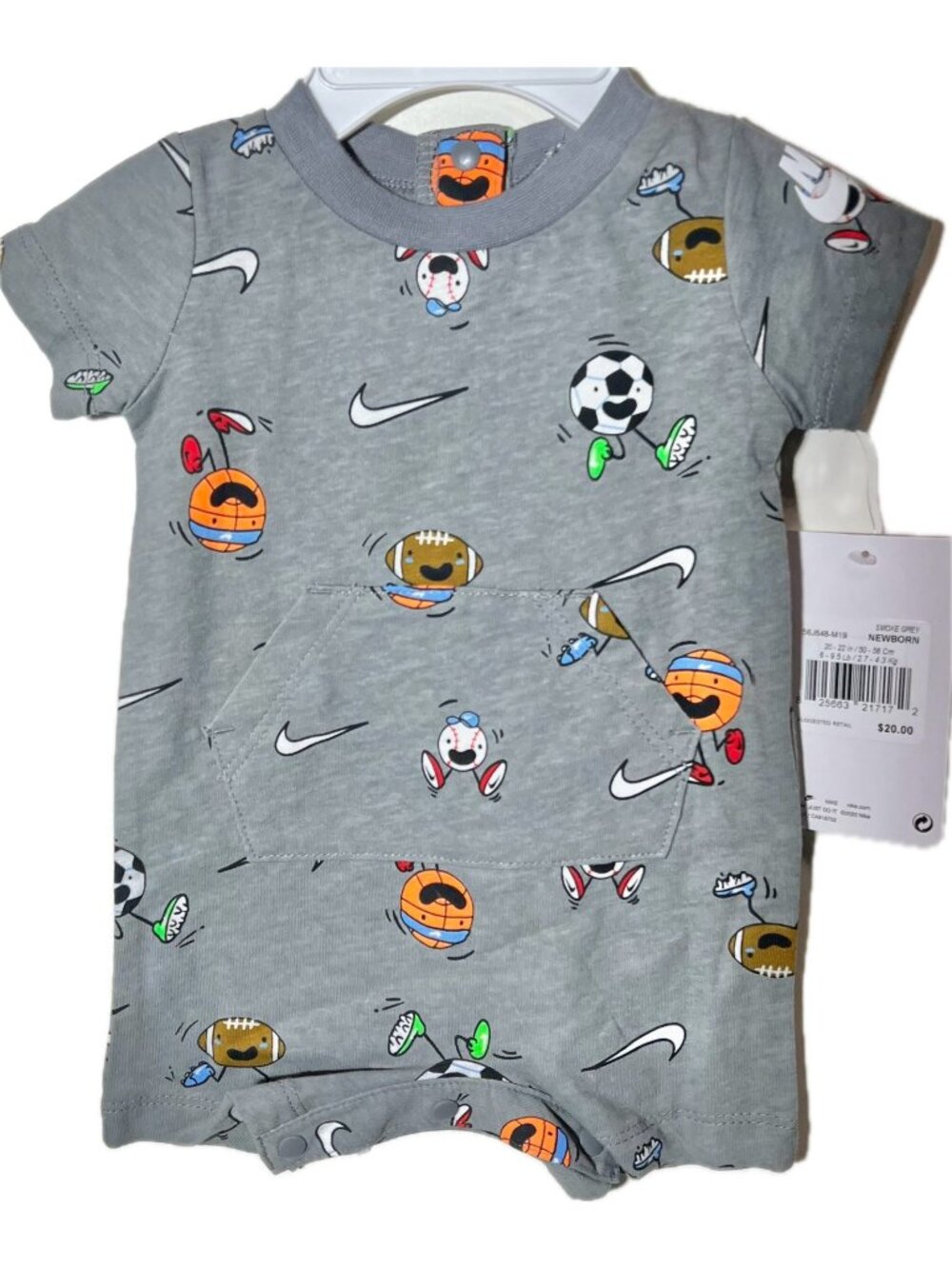 Nike baby Newborn NB Sports Ball Short Sleeve Bodysuit NWT gray romper swoosh